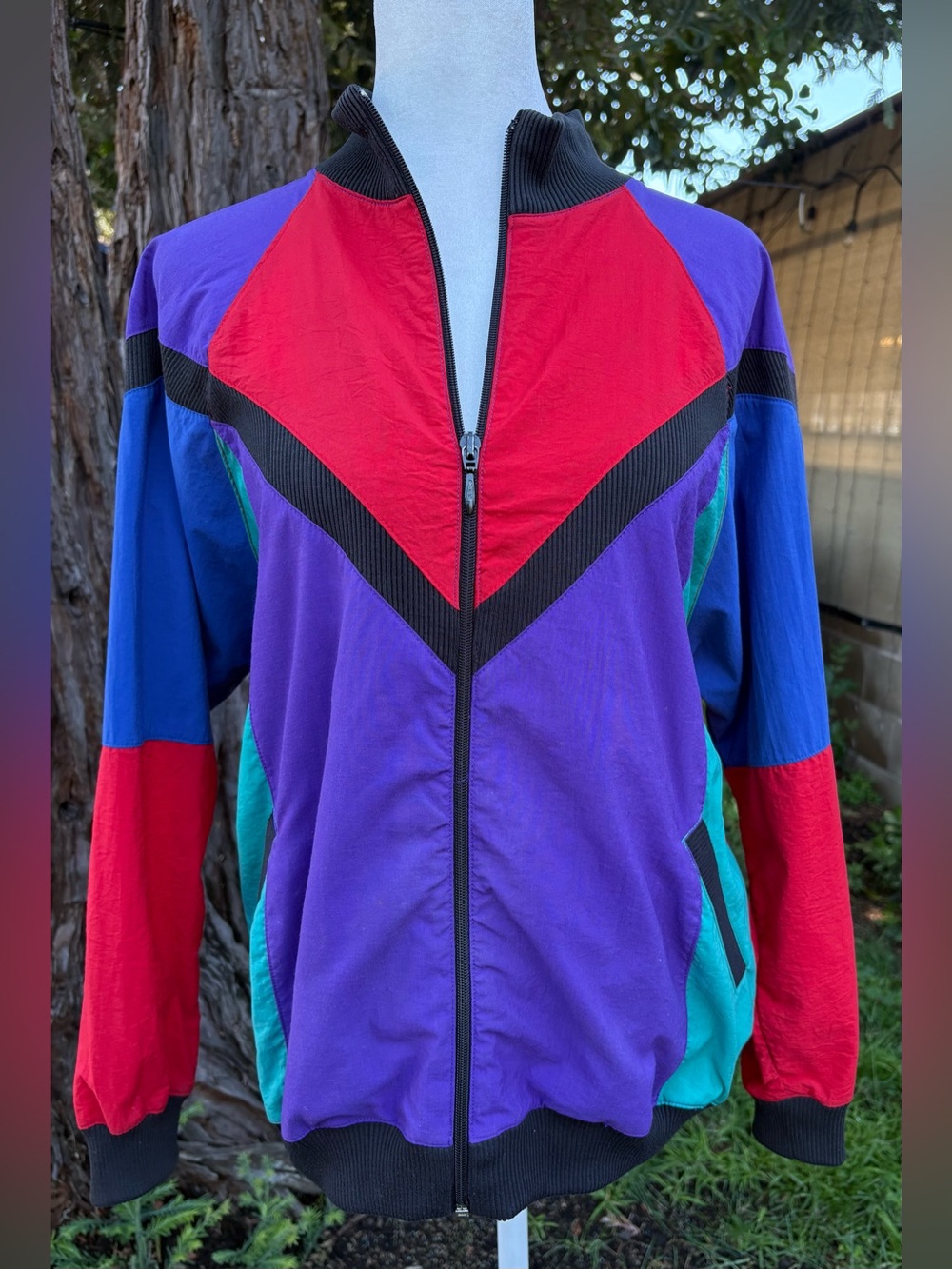 Vintage 80s Colorblock Windbreaker Jacket Retro Geometric Petite